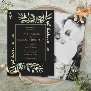 Schwarze Hochzeit mit gold-grünem Pflanzen-Foto Einladung