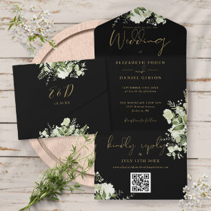 Schwarze Hochzeit mit goldenem Grün QR-Code-Monogr All In One Einladung