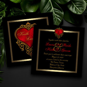 Schwarze Hochzeit mit goldenem Herzen und roter Li Einladung