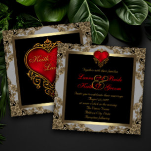 Schwarze Hochzeit mit goldenem Herzen und roter Se Einladung