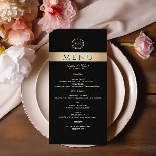 Schwarze Hochzeit mit goldenem Monogramm Menükarte