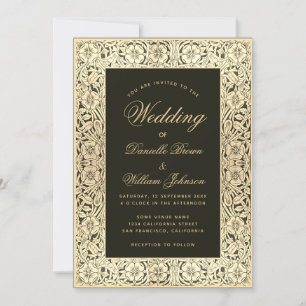 Schwarze Hochzeit mit goldenem Vintage-Blumenmuste Einladung
