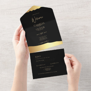 Schwarze Hochzeit mit Goldfolie Schriftzug Elegant All In One Einladung
