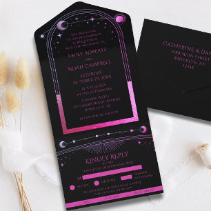 Schwarze Hochzeit mit lila Himmelskörpern Sonne Mo All In One Einladung