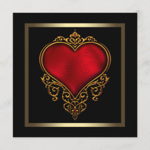 Schwarze Hochzeit mit rotem Herzen und goldenem Ak Einladung