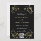 Schwarze Hochzeitseinladung an Gold Blume mit QR-C (Vorderseite)