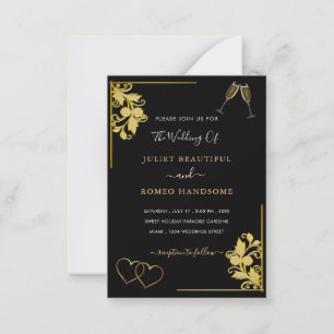 Schwarze Hochzeitseinladung mit goldenem Herzen un Mitteilungskarte