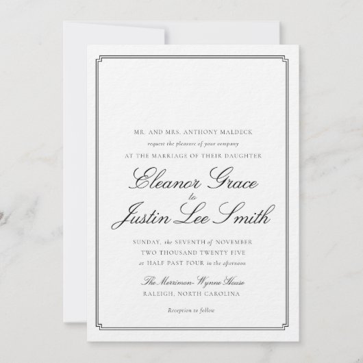 Schwarze Hochzeitseinladung mit Monogrammplatz Einladung (Vorderseite)