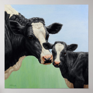 Schwarze Holstein-Kuh und süßes Kalb Poster