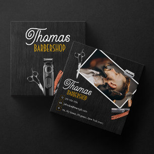 Schwarze Holz-Friseurstudio-Foto-Schere-Haarschnei Quadratische Visitenkarte