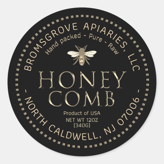 Schwarze Honigwabenaufkleber Metallic Gold mit Bie Runder Aufkleber (Vorderseite)
