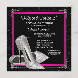 Schwarze Hot Pink Glitter High Heel Geburtstagsfei Einladung
