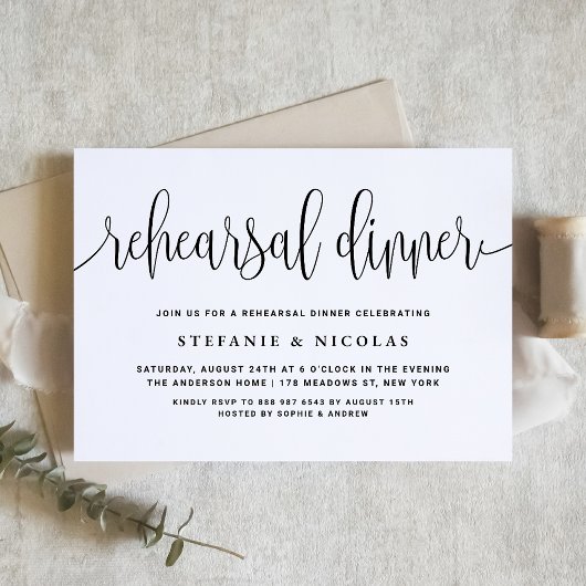 Schwarze hübsche Kalligrafie Rehearsal Abendessen Einladung
