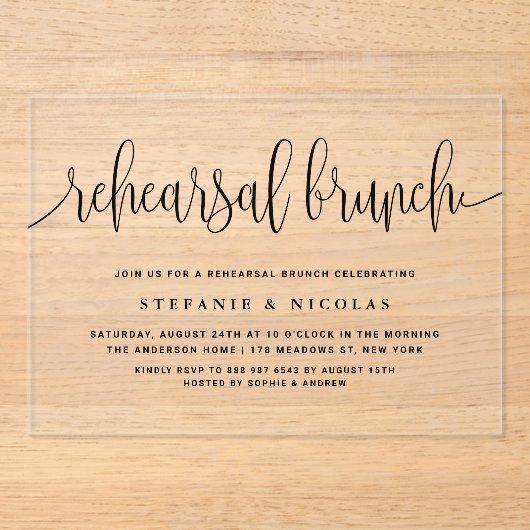 Schwarze Hübsche Kalligraphie Probe Brunch Acryleinladungen (Vorderseite)