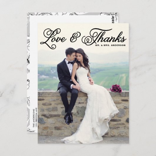 Schwarze hübsche Skript-Hochzeit danken Ihnen Postkarte (Vorne/Hinten)