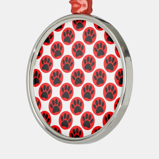 Schwarze Hundepaws in roten Polka-Punkten Silbernes Ornament (Links)