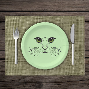 Schwarze Illustration von Katzengesicht Grüne Auge Pappteller