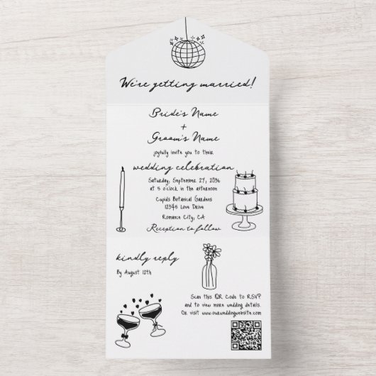 Schwarze Illustrationen mit handgezogenen Doodles- All In One Einladung (Innen Boden)