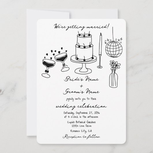 Schwarze Illustrationen mit handgezogenen Doodles- Einladung (Vorderseite)