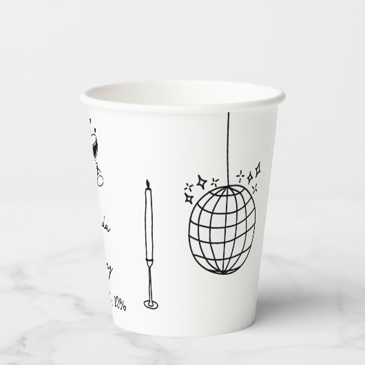 Schwarze Illustrationen mit handgezogenen Doodles- Pappbecher (Rückseite)