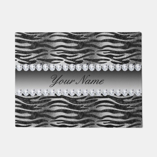Schwarze Imitat-Foliezebra-Streifen auf Silber Fußmatte (Vorderseite)