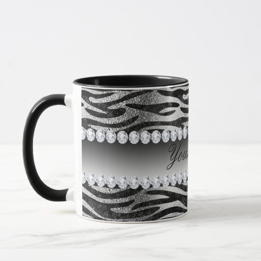 Schwarze Imitat-Foliezebra-Streifen auf Silber Tasse (Links)