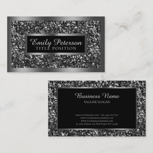 Schwarze Imitate Glitzer Silver Frame Visitenkarte (Vorne/Hinten)