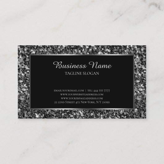 Schwarze Imitate Glitzer Silver Frame Visitenkarte (Rückseite)