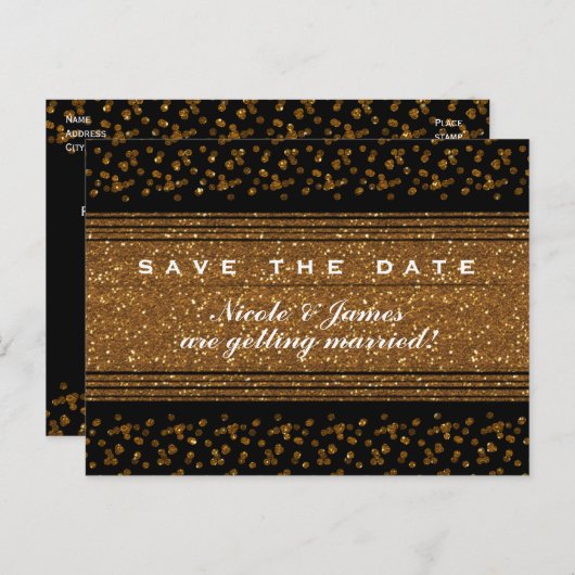 Schwarze Imitate Gold Save the Date Postkarte (Vorne/Hinten)