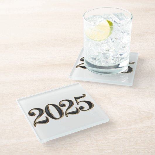 Schwarze Imitate Goldfolie 2025 Jahr Glas Unterset Glasuntersetzer (Schrägansicht)