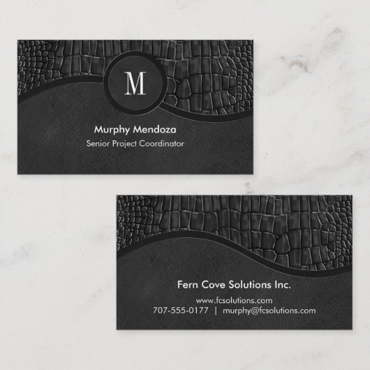 Schwarze Imitate Leder Alligator Skin Luxus Monogr Visitenkarte (Vorne/Hinten)
