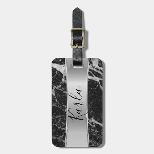 Schwarze Imitate - Marmor und Metallic Silver Gepäckanhänger (Vorderseite vertikal)