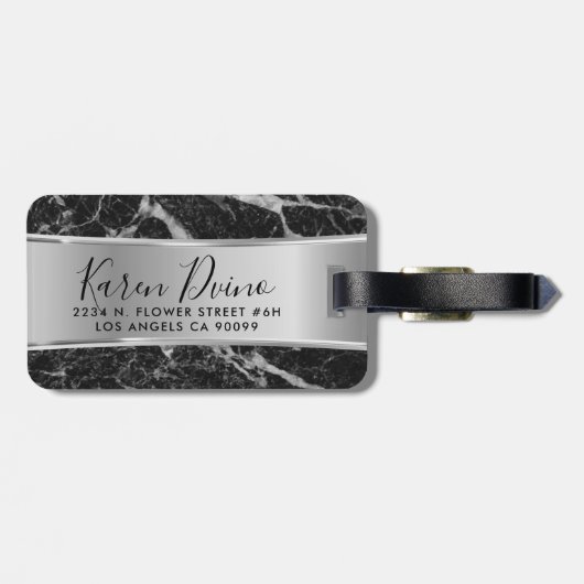 Schwarze Imitate - Marmor und Metallic Silver Gepäckanhänger (Rückseite horizontal)