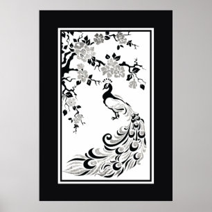 Schwarze Imitate Silberfolie Pfau und Kirschblüten Poster
