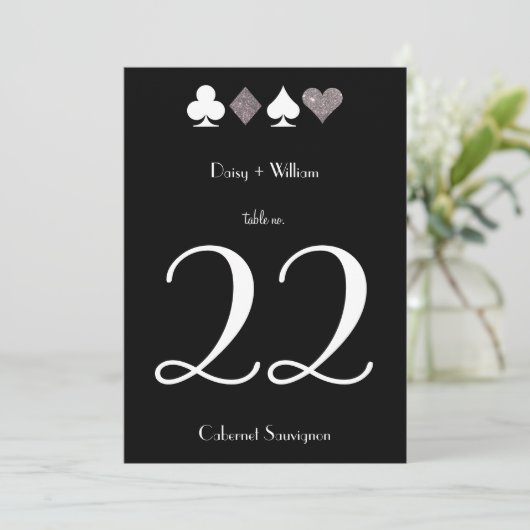 Schwarze Imitate Silver Glitzer Las Vegas Tischnum Einladung (Stehend Vorderseite)