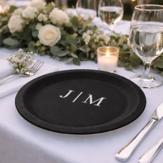 Schwarze, individuell anpassbare Monogramm-Hochzei Pappteller