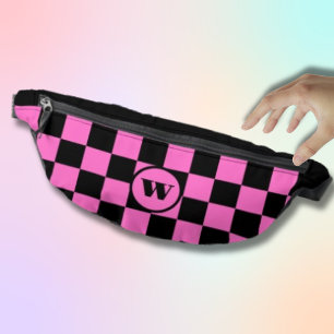 Schwarze Initiale Schwarz und Neonrosa kariert Bauchtasche