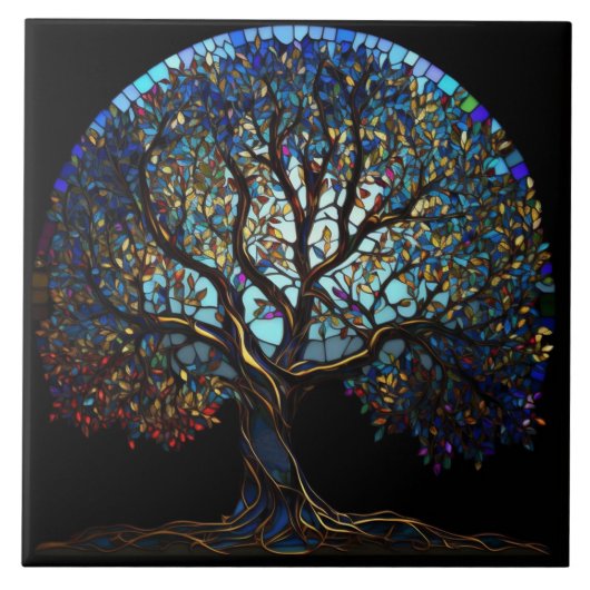 Schwarze Kachel mit bunten Mosaikbaum (Vorderseite)