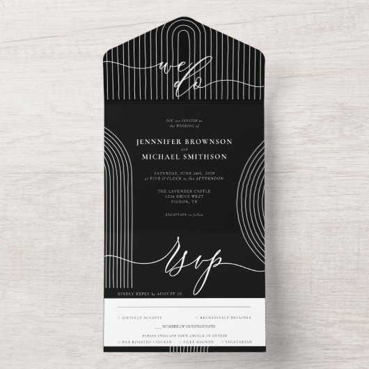 Schwarze Kalligrafie Einfache Hochzeitgeometrie All In One Einladung (Innen Boden)