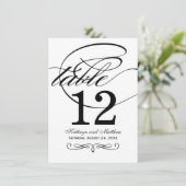 Schwarze Kalligrafie-Hochzeitstisch-Nummernkarte Einladung (Stehend Vorderseite)