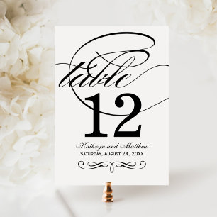 Schwarze Kalligrafie-Hochzeitstisch-Nummernkarte Einladung