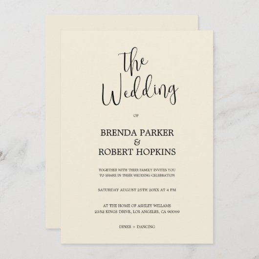 Schwarze Kalligraphie auf Beige Hochzeitseinladung Einladung (Vorne/Hinten)