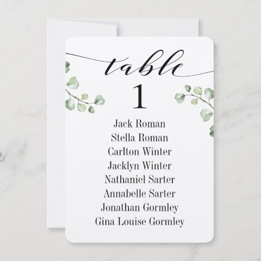 Schwarze kalligraphische Grünpflanzen Sitzkarten 8 Einladung (Rückseite)