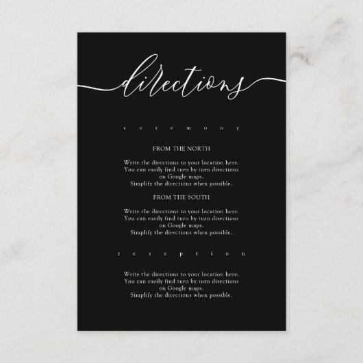 Schwarze kalligraphische Hochzeitsrichtungen Begleitkarte (Vorderseite)