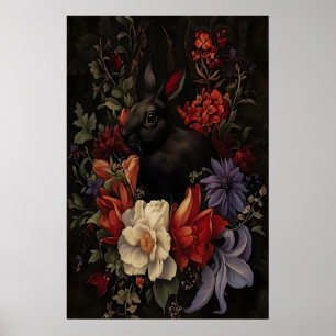 Schwarze Kaninchen-Botanik-Hasen-Wandkunst, Dunkel Poster