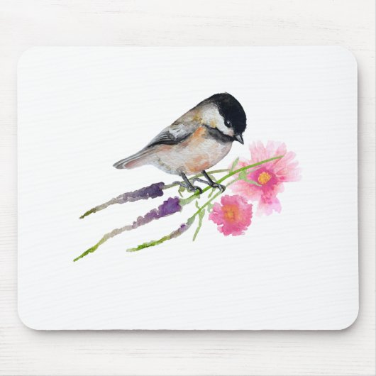 Schwarze Kappe Sweet Chickadee Wasserfarbenspiel Mousepad (Vorne)