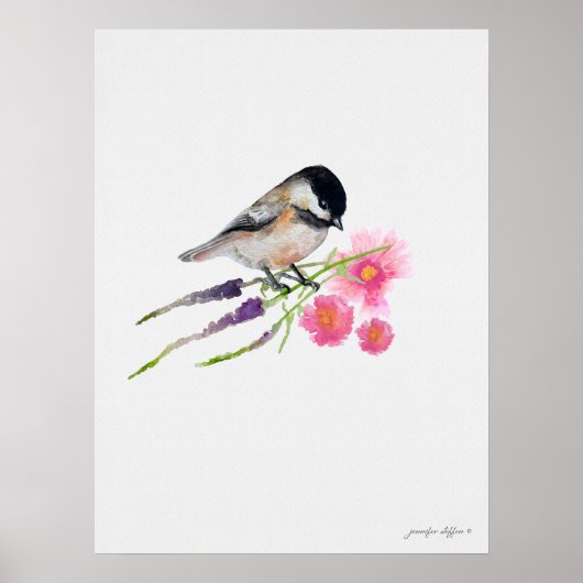 Schwarze Kappe Sweet Chickadee Wasserfarbenspiel Poster (Vorne)