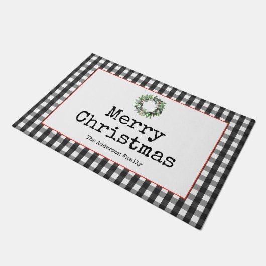 Schwarze Karierte moderne Schreibmaschine frohe We Fußmatte (Schrägansicht)