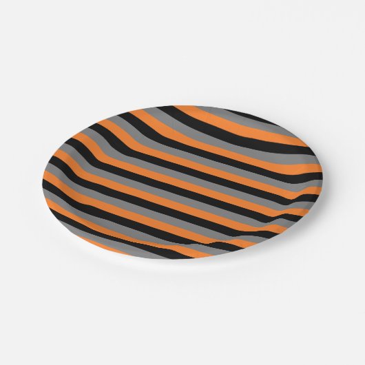 Schwarze, karkohle-graue und orangefarbene Streife Pappteller (Schrägansicht)