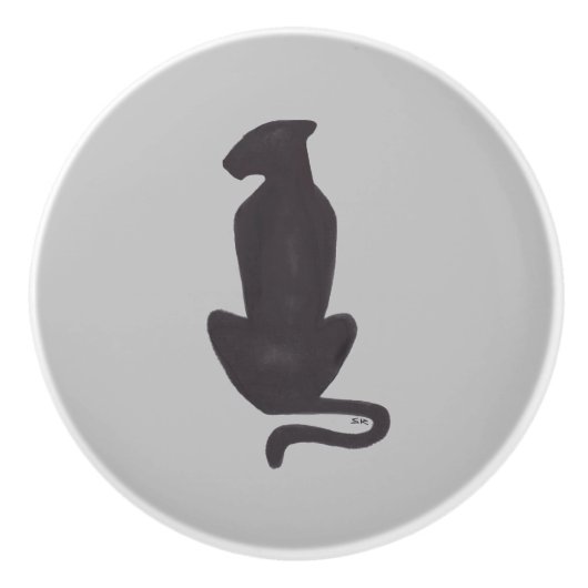 Schwarze Kat Silhouette Graue Keramik Knopf Keramikknauf (Vorderseite)